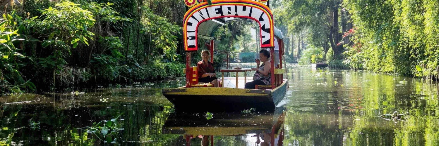 Trajinera colorée naviguant au lever du soleil sur les canaux de Xochimilco, Mexico