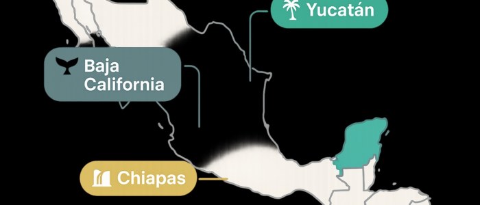 Carte simplifiée du Mexique avec zones de voyage mises en avant