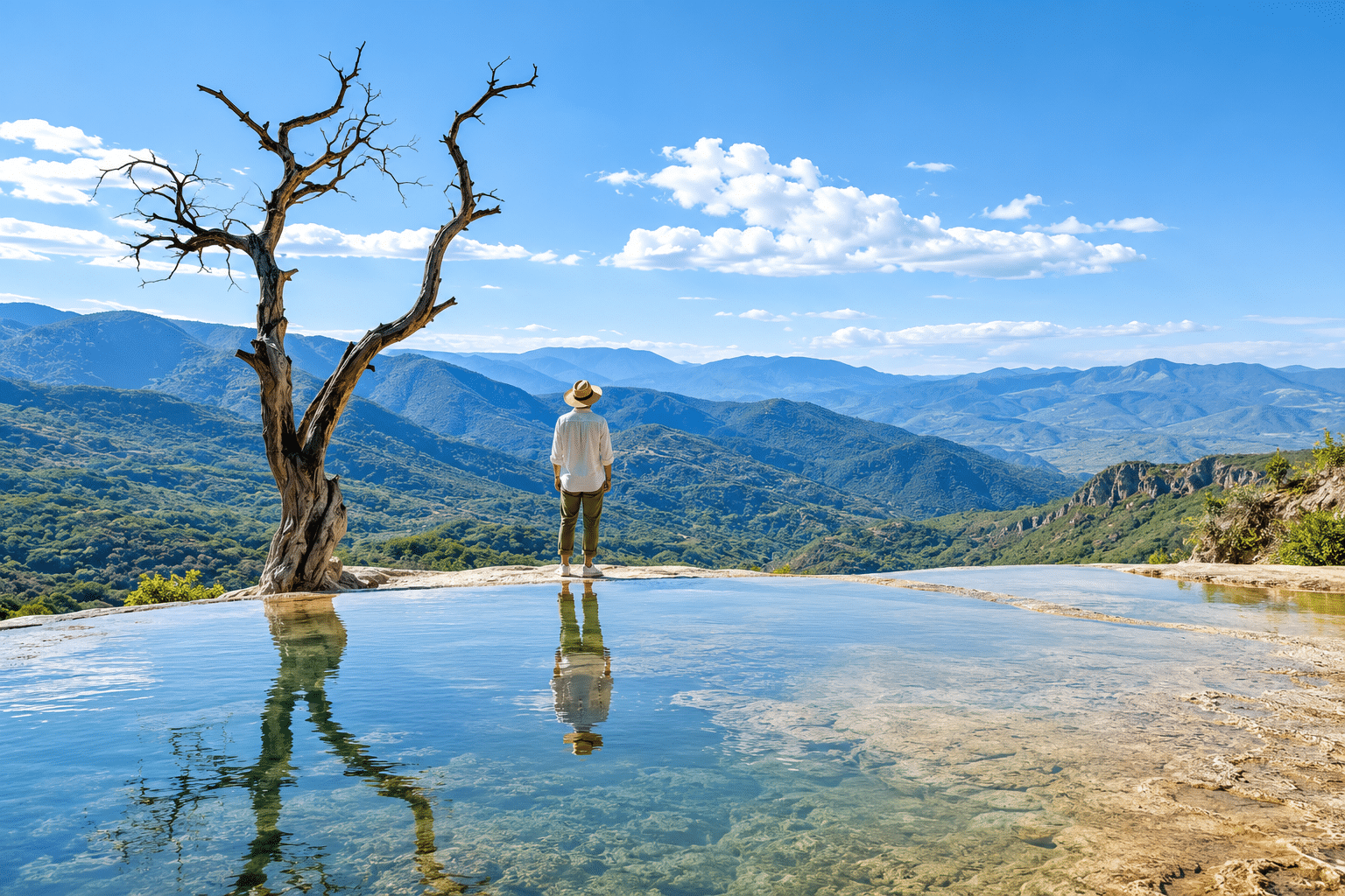 homme devant Hierve el Agua à Oaxaca, au Mexique.