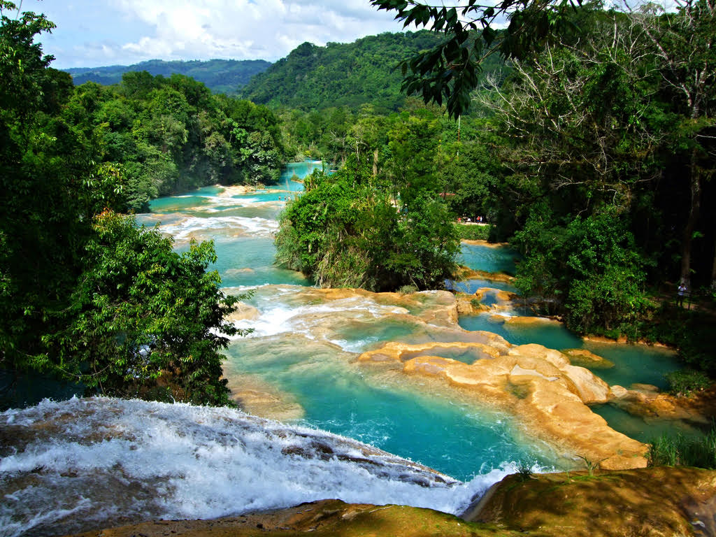 Cascades Agua Azul au Chiapas, Mexique, avec des eaux turquoise et une végétation tropicale.
