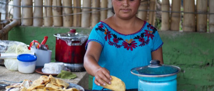 Marché traditionnel avec une cuisinière préparant des spécialités mexicaines