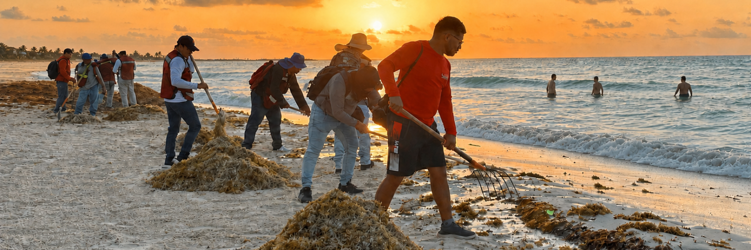 Sargasses sur une plage du Quintana Roo au Mexique